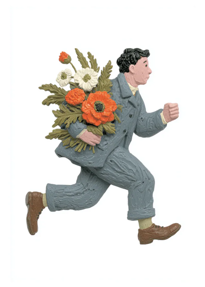 An illustrated person running with a bouquet of flowers