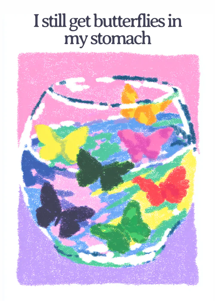 A colorful jar filled with illustrated butterflies