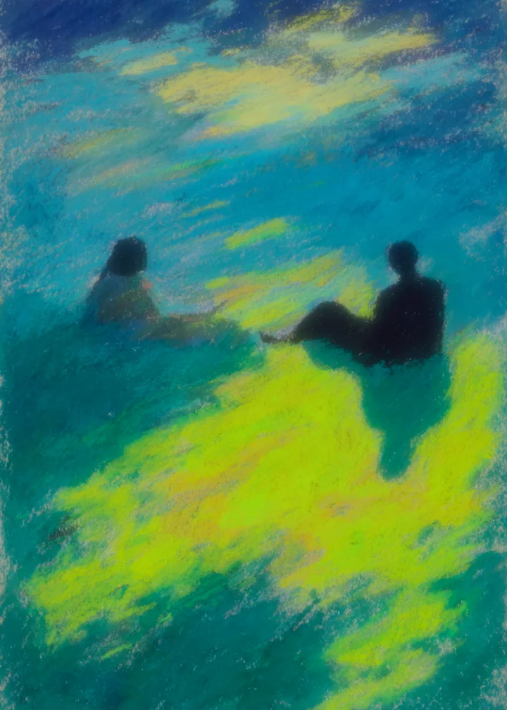 Two people sitting together beneath a luminous blue and green sky