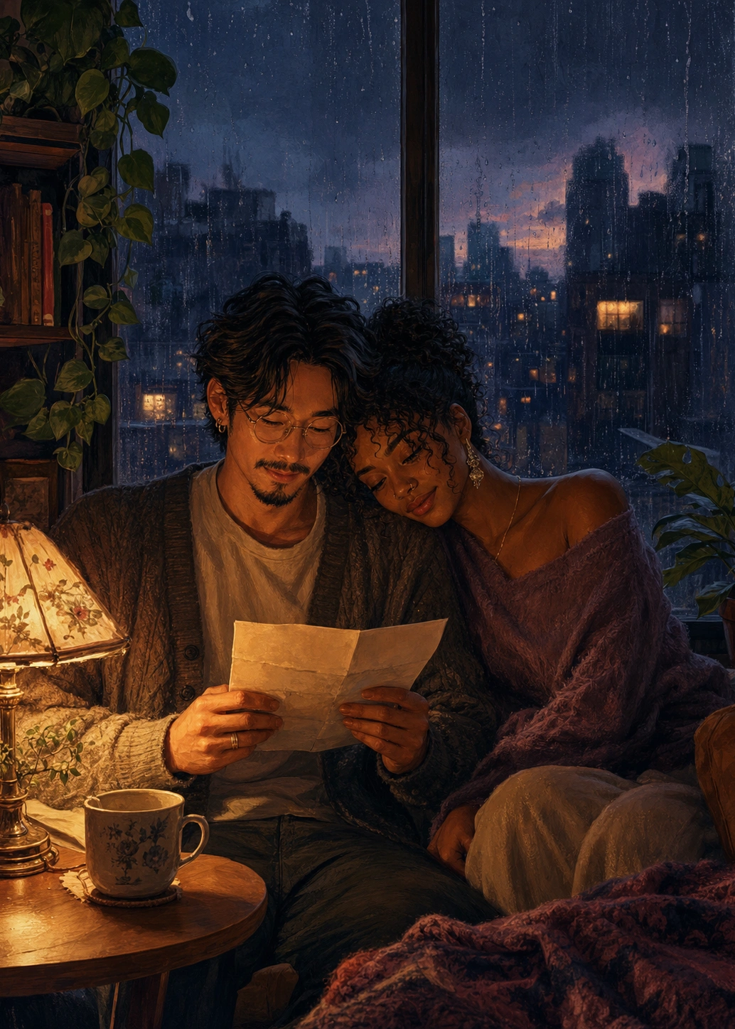 A couple reading a letter together by a rainy window