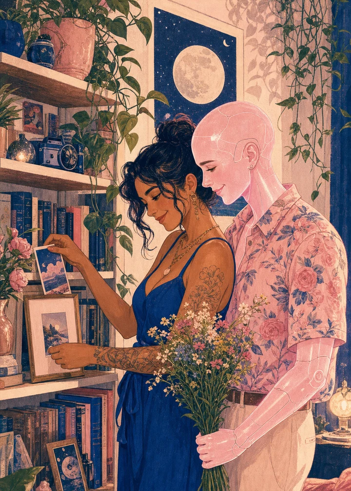 An illustrated couple adding a memory to a beloved bookshelf