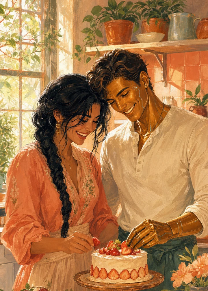 An illustrated couple decorating a strawberry cake in a sunlit kitchen