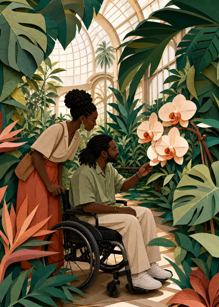 A layered paper-collage couple admiring orchids in a glass conservatory